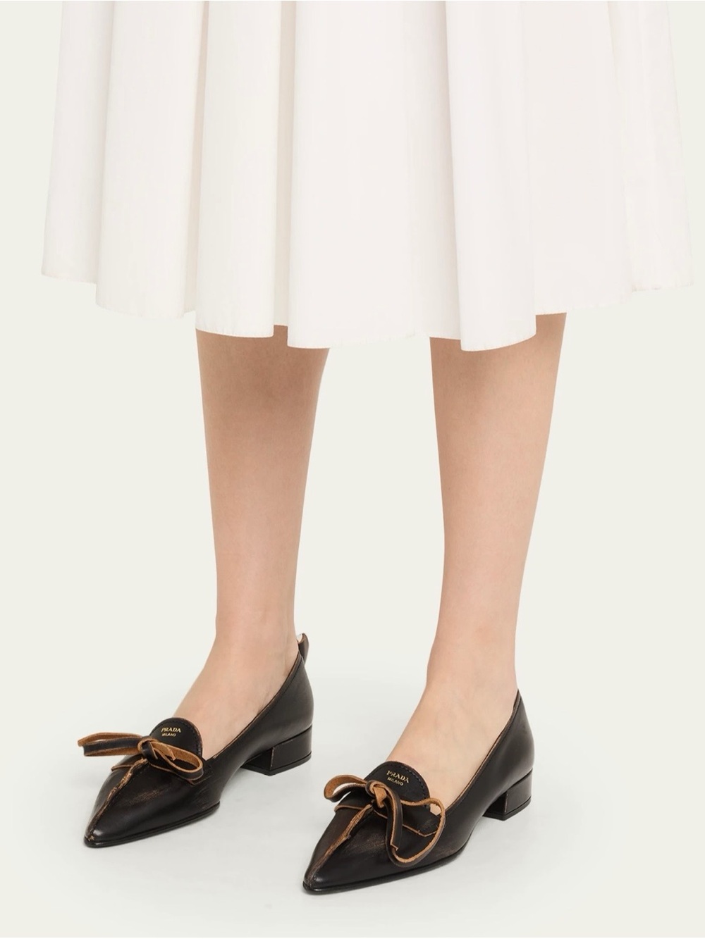 PRADA ANTIQUED LEATHER BLOCK HEEL LOAFERS